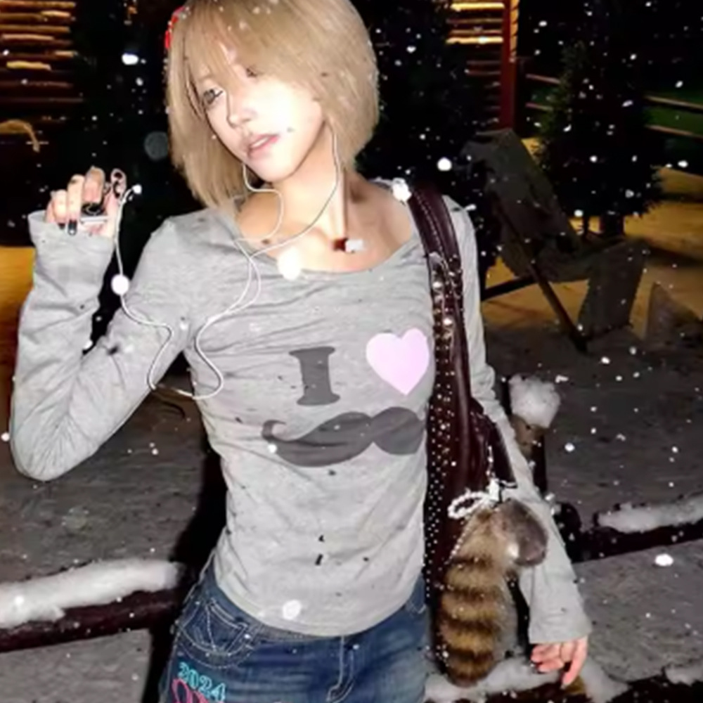 Korean Lifestyle - Japanese Y2K Beard Print T-Shirt Vintage