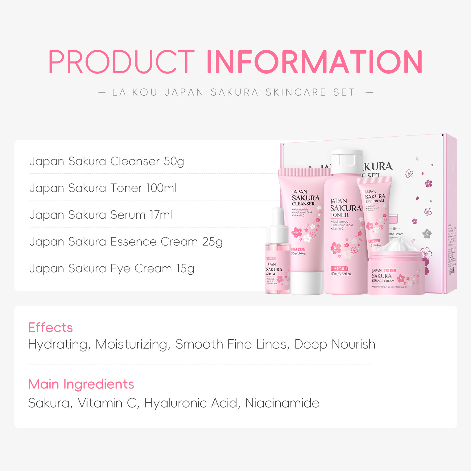 LAIKOU Sakura 5pcs Skin Care K - Korean Skincare Routine 评论和价格