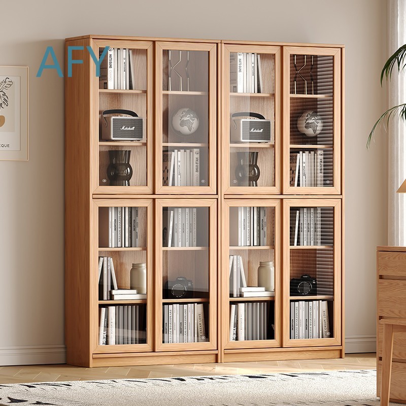 Solid Oak Bookcase with Slidin - Muji Home Storage 评论和价格