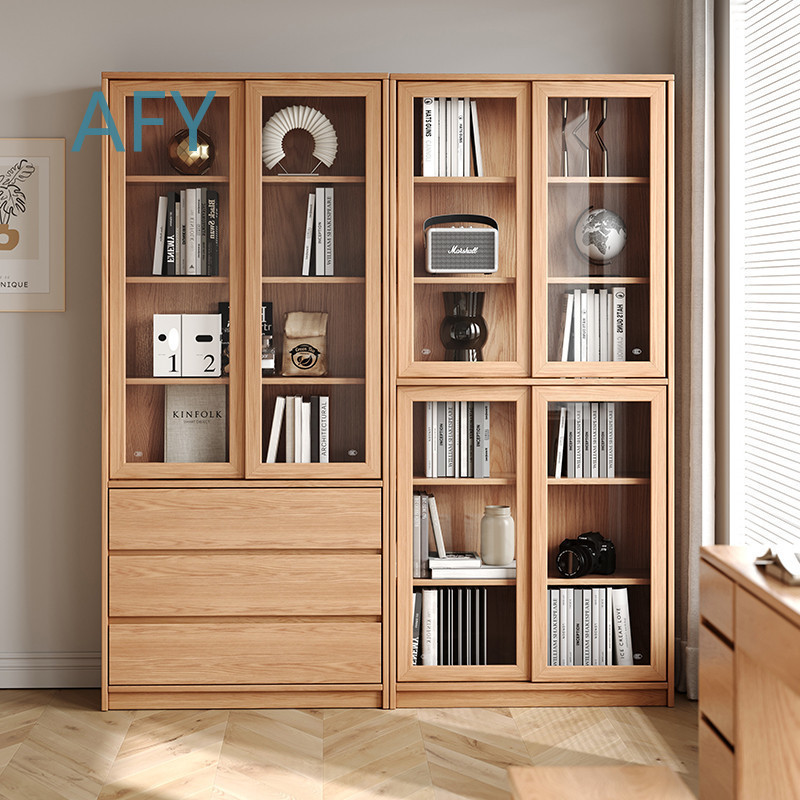 Solid Oak Bookcase with Slidin - Muji Home Storage 评论和价格