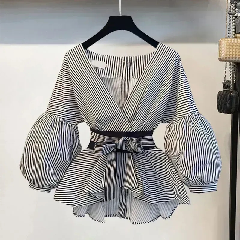 Women Elegant V-Neck Stripe La - Korean Lifestyle 评论和价格